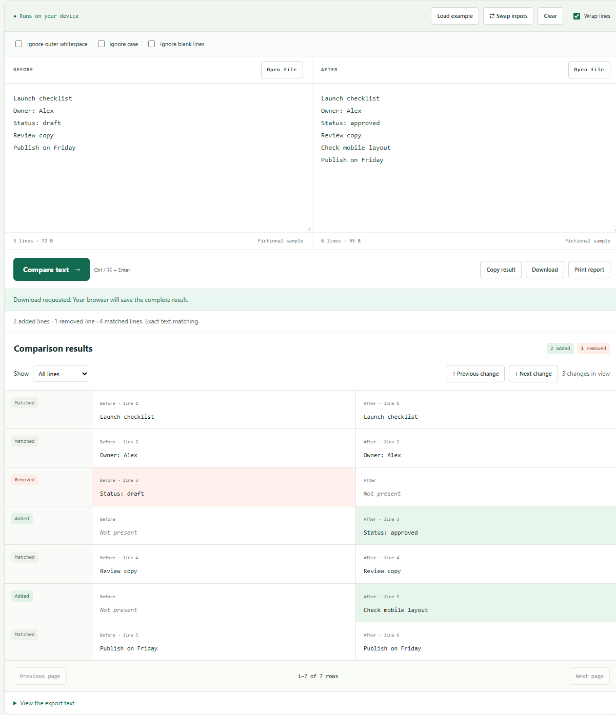 Actual SyntaxPad Text Compare workspace showing the review a launch checklist example and its result
